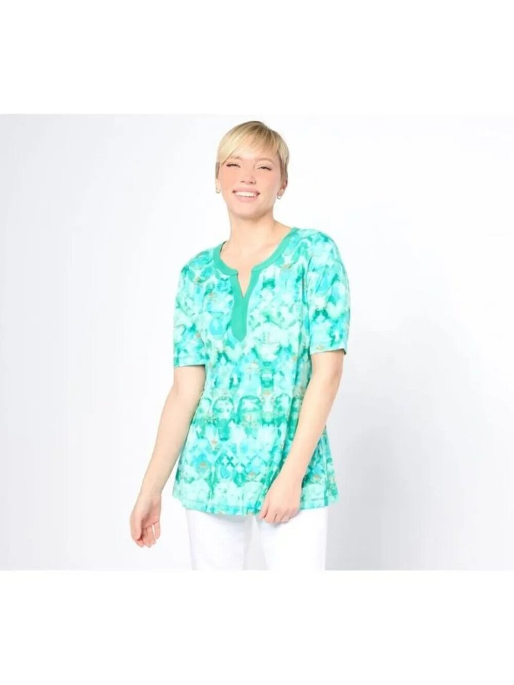 Susan Graver Women Top Sz L Printed Liquid Knit A-Line Elbow Slv Green A644491